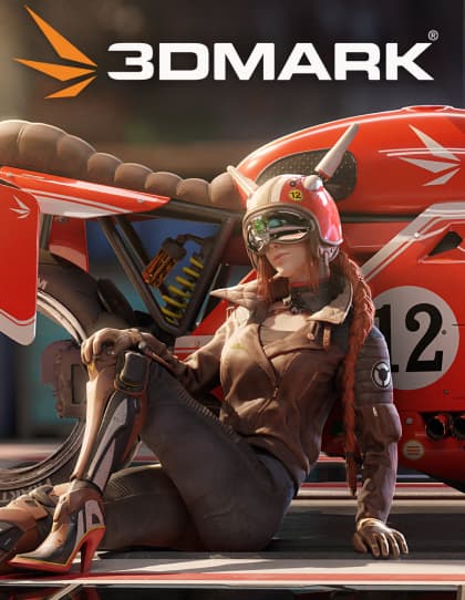 Capa do software de benchmarking ‘3DMark’. Ela apresenta um personagem em um traje de corrida futurista e capacete, sentado no chão com as costas apoiadas em uma parte de um veículo de corrida de alta velocidade. O personagem está usando luvas e tem uma viseira abaixada sobre os olhos. Elementos em laranja são proeminentes, incluindo o logotipo do 3DMark na parte superior e o número 12 tanto no veículo quanto no capacete, sugerindo que esse pode ser o número de corrida do personagem. O cenário parece ser uma área de pit stop ou garagem, com elementos de fundo em foco suave que implicam um ambiente industrial ou mecânico.