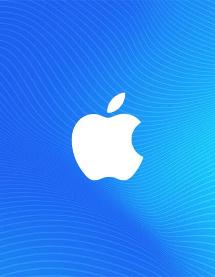 Capa do cartão presente da App Store. O fundo é azul com um leve gradiente para um azul mais claro. O logotipo da Apple está bem no centro, representado por uma maçã mordida branca. O fundo tem uma textura sutil de linhas onduladas. Essa imagem representa um vale-presente para ser usado na loja de aplicativos da Apple, onde os usuários podem adquirir aplicativos, músicas, filmes e outros conteúdos digitais.