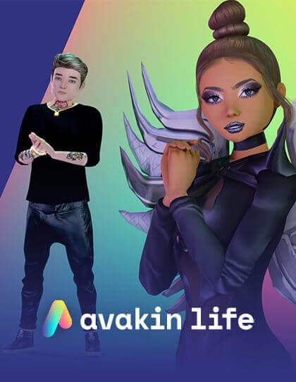 Capa do cartão presente do jogo ‘Avakin Life’. O fundo é composto de cores vibrantes, com partes roxas, rosas e verdes. Estão apresentados dois avatares de frente, no fundo na esquerda e outro em primeiro plano na direita. O avatar da esquerda tem cabelo curto, tatuagens e está vestido de preto. O avatar da direita tem o cabelo preso em um coque alto e um vestido de manga comprida preta, com acessórios que se assemelham a asas. No centro inferior, há o logotipo do jogo ‘Avakin Life’ em letras brancas. Essa imagem representa as moedas para o jogo de simulação social ‘Avakin Life’, onde os jogadores podem criar avatares e interagir em ambientes virtuais.