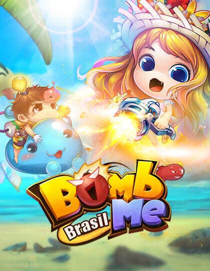 Capa do cartão presente do jogo ‘Bomb Me Brasil’. O fundo é um cenário de paisagem, com céu azul e campos verdes, desfocado. No centro está uma ilustração de uma personagem do jogo, com cabelos loiros e expressão fofa, atirando uma bombinha de um pequeno canhão. Ela usa um chapéu de palha com frutas em cima. Ao lado dela estão outros personagens fofos. Um é azul e tem formato de bolha e o outro é um menino pequeno, montado em cima da bolha. Na parte inferior há o logotipo do jogo ‘Bomb Me’ em letras amarelas e roxas. 