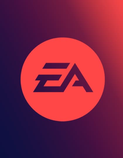 Capa do cartão presente para o EA App. O fundo é gradiente, variando do azul escuro no canto inferior esquerdo para o rosa coral no canto superior direito. No centro, há um círculo rosa coral com o logotipo da EA, que consiste em duas letras ‘E’ e ‘A’ estilizadas com linhas angulares.