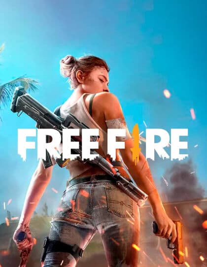 Capa do cartão presente do jogo ‘Free Fire’. O fundo é azul claro, com fumaça e labaredas saindo da parte de baixo, sugerindo um ambiente de batalha. No centro há uma personagem feminina usando roupas casuais, segurando duas pistolas e com uma arma grande nas costas. Ela está de costas, olhando sobre o ombro direito. O logotipo "FreeFire" sobrepõe a personagem no centro, em cor branca. Essa imagem representa o popular jogo de batalha real para dispositivos móveis.