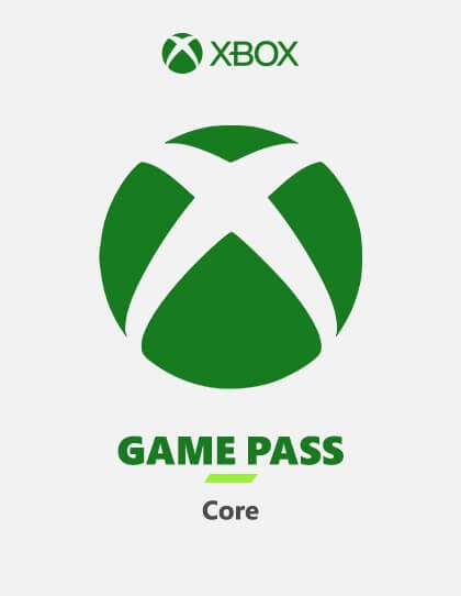 Capa dos cartões presente Xbox Game Pass Core. O logotipo do Xbox, representado por um ‘X’ estilizado dentro de um círculo, está no centro da imagem. O círculo é verde e o X é branco. Abaixo do logotipo, em letras verdes em um fundo branco, lê-se ‘GAME PASS’ seguido de ‘Core’ em tamanho de fonte menor. Essa imagem representa o serviço de assinatura da Microsoft que oferece acesso a uma biblioteca rotativa de jogos para consoles Xbox e Windows 10.