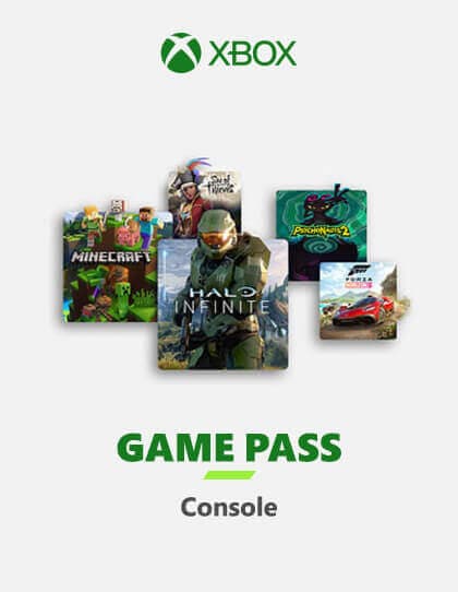 Capa dos cartões presente Xbox Game Pass Console. O logotipo do Xbox está na parte superior, em verde. No centro está uma combinação de capas de jogos icônicos da Microsoft. Halo Infinite, Forza Horizon, Psychonauts 2, Sea of Thieves e Minecraft. Abaixo em letras verdes lê-se ‘GAME PASS’ seguido de ‘Console’ em tamanho de fonte menor. Essa imagem representa o serviço de assinatura da Microsoft que oferece acesso a uma biblioteca de jogos para consoles Xbox.