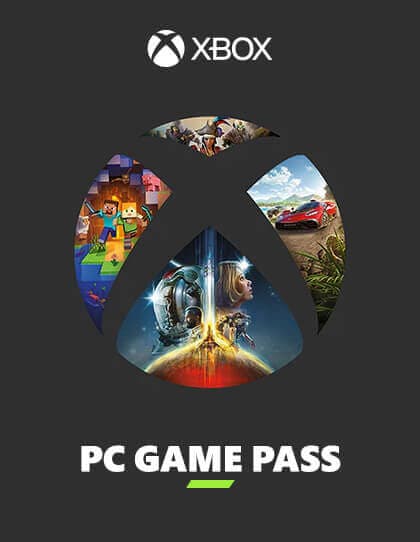 Capa dos cartões presente Xbox Game Pass Ultimate para PC. O logotipo do Xbox, representado por um ‘X’ estilizado dentro de um círculo, está no centro da imagem. Nas partes superior, inferior e nas laterais do ‘X’, há imagens coloridas de cenas de videogames, com personagens e ambientes de diversos jogos. Abaixo do logotipo, em letras brancas sobre um fundo cinza, lê-se ‘PC GAME PASS’. Essa imagem representa o serviço de assinatura da Microsoft que oferece aos usuários acesso a uma biblioteca de jogos em seu PC.