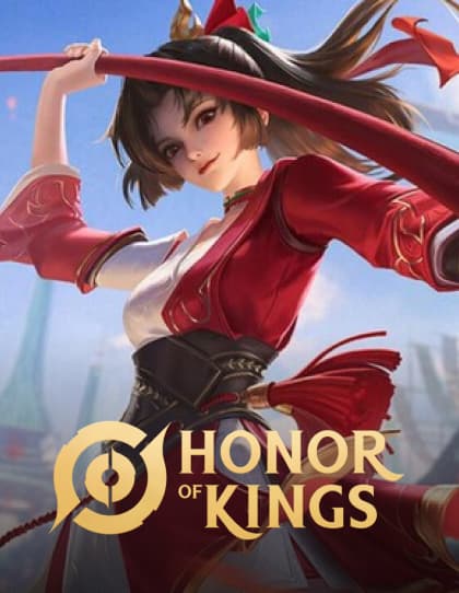 Capa do cartão presente do jogo ‘Honor of Kings’. A imagem apresenta um personagem em uma pose dinâmica, vestindo uma roupa tradicional em tons de vermelho e preto, com fitas esvoaçantes. O personagem empunha uma arma, possivelmente uma espada, que não está totalmente visível na imagem. No primeiro plano, há o logotipo do jogo: um emblema dourado com o texto “HONOR OF KINGS” em letras maiúsculas. O fundo sugere um céu com nuvens, conferindo uma atmosfera épica à cena. Essa imagem representa a marca do jogo e seria usada para atrair jogadores interessados em comprar ou presentear conteúdo dentro do jogo.