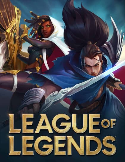 Capa do jogo League of Legends mostrando um personagem masculino em destaque, com cabelo preso esvoaçante e uma espada luminosa. O personagem está vestido com uma roupa azul e parece estar em meio a uma batalha, olhando intensamente para fora da imagem. No fundo, há uma personagem feminina segurando uma grande espada dourada. O logotipo do jogo ‘League of Legends’ está em letras grandes e douradas na parte inferior da imagem.