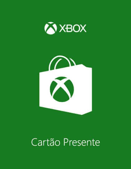 Capa do cartão presente Xbox. O fundo é verde sólido com o logotipo do Xbox na parte superior. No centro da imagem há uma representação estilizada de uma sacola de compras branca com o símbolo do Xbox em verde na parte da frente. Abaixo da sacola, está escrito ‘Cartão Presente’ em letras brancas maiúsculas sobre o fundo verde.