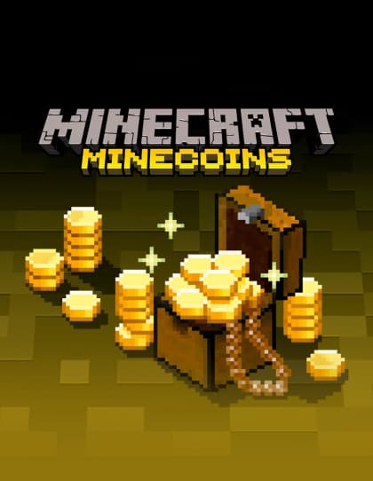 Capa do cartão presente da Minecoins, relacionado ao jogo Minecraft. O fundo é composto por uma padrão pixelado semelhantes aos blocos do jogo. No centro, há um baú aberto, com várias moedas douradas saindo e espalhando-se ao redor. Algumas moedas estão empilhadas, enquanto outras estão dispersas individualmente. Acima do baú, em letras grandes e pixeladas, lê-se ‘MINECRAFT MINECOINS’, destacando a moeda virtual usada para transações dentro do jogo.