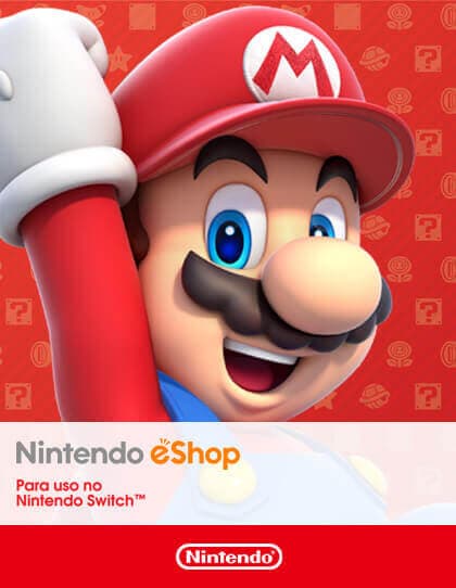 Capa do cartão presente da Nintendo. O fundo é vermelho com vários ícones do universo Nintendo em tom mais claro, como cogumelos e estrelas. No centro, há uma grande imagem do personagem Mario, da franquia de jogos Super Mario, sorrindo e com o um dos braços levantado. Abaixo dele está escrito ‘Nintendo eShop. Para uso no Nintendo Switch™" em letras vermelhas sobre um fundo branco. Na parte inferior da imagem, está o logo da Nintendo branco sobre fundo vermelho.