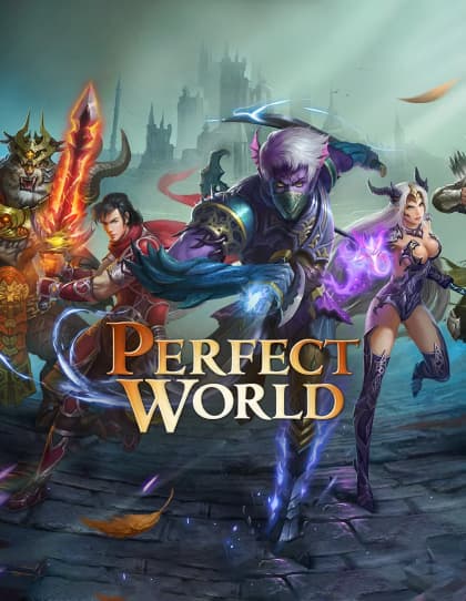 Capa do cartão presente do jogo ‘Perfect World’. Ela apresenta quatro personagens em um cenário de fantasia. À esquerda, há um personagem com armadura vermelha segurando uma espada, com chamas envolvendo a arma. No centro, temos um personagem vestindo armadura azul e roxa, empunhando uma espada que emite energia roxa. À direita, uma personagem feminina com armadura leve e detalhes em roxo segura o que parece ser uma esfera de energia em sua mão. Ao fundo, vemos uma paisagem nebulosa com torres escuras que sugerem um castelo ou cidade sinistra ao longe. O título “Perfect World” é exibido de forma proeminente na parte inferior, em letras douradas estilizadas com um brilho alaranjado.