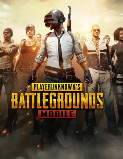 Capa do cartão presente das moedas do jogo ‘PlayerUnknown’s Battlegrounds Mobile’. O logotipo está no centro com letras grandes em amarelo e laranja, compondo o texto "PlayerUnknown's Battlegrounds Mobile". No fundo há cinco personagens alinhados lado a lado, voltados para frente. Eles estão vestidos com diferentes trajes de combate, variando desde roupas táticas até trajes mais casuais. O personagem principal do jogo está destacado no centro, com o traje clássico de camisa branca, gravata preta e capacete. O fundo mostra uma cena de céu nublado ao pôr do sol com tons dourados e amarelados, sugerindo um ambiente de batalha iminente, com fumaça e labaredas. Essa imagem representa o popular jogo de batalha real para dispositivos móveis.