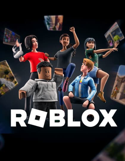 Capa do jogo Roblox com cinco avatares representando jogadores em poses variadas.  Eles estão posicionados contra um fundo escuro, com imagens do jogo flutuando ao redor. No centro está o logotipo do Roblox em letras brancas. A imagem transmite dinamismo e comunidade dentro da plataforma de jogos Roblox.