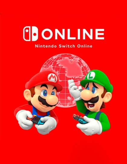 Capa do cartão presente do serviço Nintendo Switch Online. O símbolo do Nintendo Switch está no topo em destaque, seguido pelas letras brancas em negrito que soletram ‘ONLINE’. Abaixo está escrito "Nintendo Switch Online" em letras menores. No centro há uma ilustração globo terrestre com linhas de grid, indicando conectividade internacional. Na frente do globo, estão dois personagens icônicos da Nintendo: Mario e Luigi. Ambos estão sorrindo e segurando um controle Joy-Con cada um, sugerindo jogos multiplayer. O fundo é vermelho vibrante.