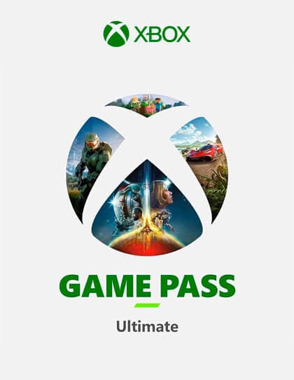 Capa dos cartões presente Xbox Game Pass Ultimate. O logotipo do Xbox, representado por um ‘X’ estilizado dentro de um círculo, está no centro da imagem. Nas partes superior, inferior e nas laterais do ‘X’, há imagens coloridas de cenas de videogames com personagens e ambientes de diversos jogos. Abaixo do logotipo, em letras verdes em um fundo branco, lê-se ‘GAME PASS’ seguido de ‘Ultimate’ em tamanho de fonte menor. Essa imagem representa o serviço de assinatura da Microsoft que oferece acesso a uma biblioteca de jogos para consoles Xbox e Windows 10.